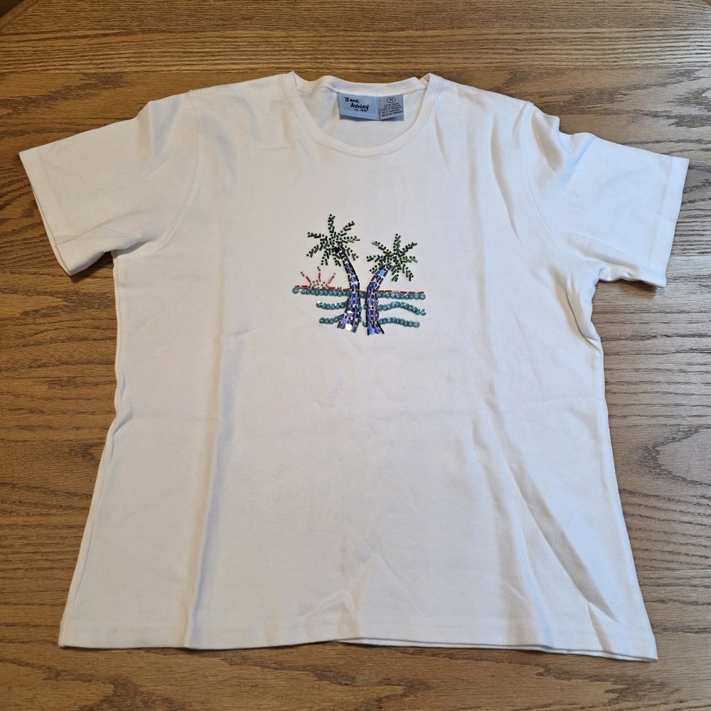 Vintage Jane Ashley White With Palm Trees Sequins Women's T-Shirt Size M